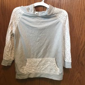 Lace sleeve hooded sweatshirt.
